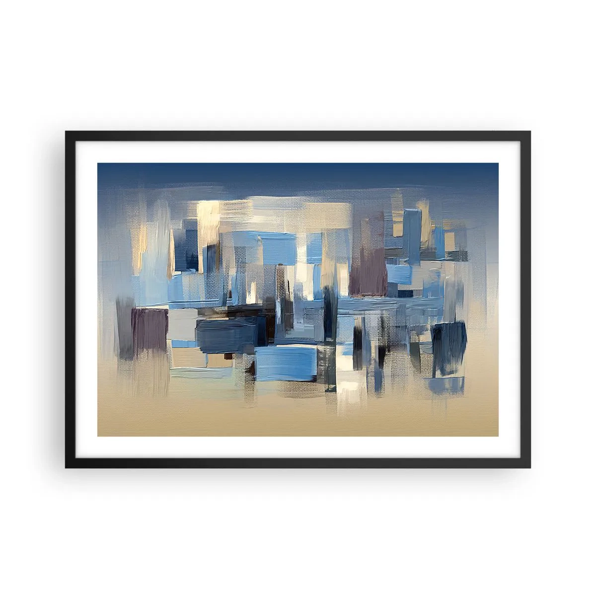 Affiche dans un cadre noir - Poster - Formes géométriques dans les tons de bleu et de beige - 70x50cm - Construction bleue - Décoration murale moderne pour le salon et la chambre ARTTOR