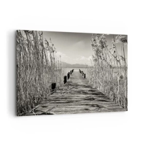 Impression sur toile - Image sur toile - Une jetée en bois parmi les hautes herbes au-dessus d'un lac aux tons sépia - 120x80cm - Dans le calme de l'herbe - Décoration murale moderne pour le salon et la chambre ARTTOR