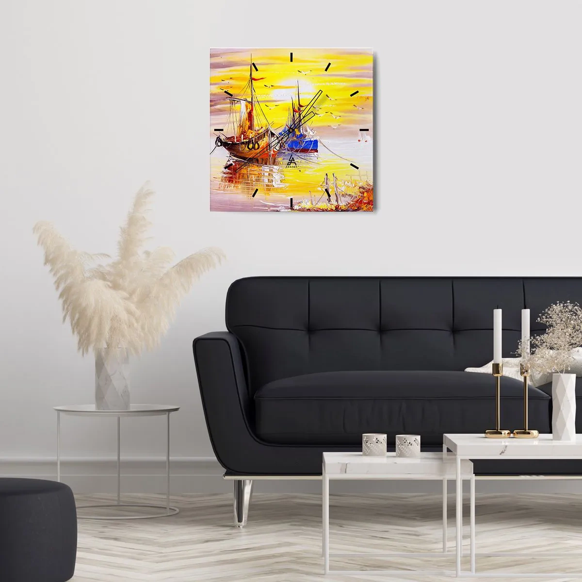 Horloge murale - Pendule murale - Une scène picturale de bateaux sur une mer calme - 30x30cm - Un repos bien mérité au port - Décoration murale moderne pour le salon et la chambre ARTTOR