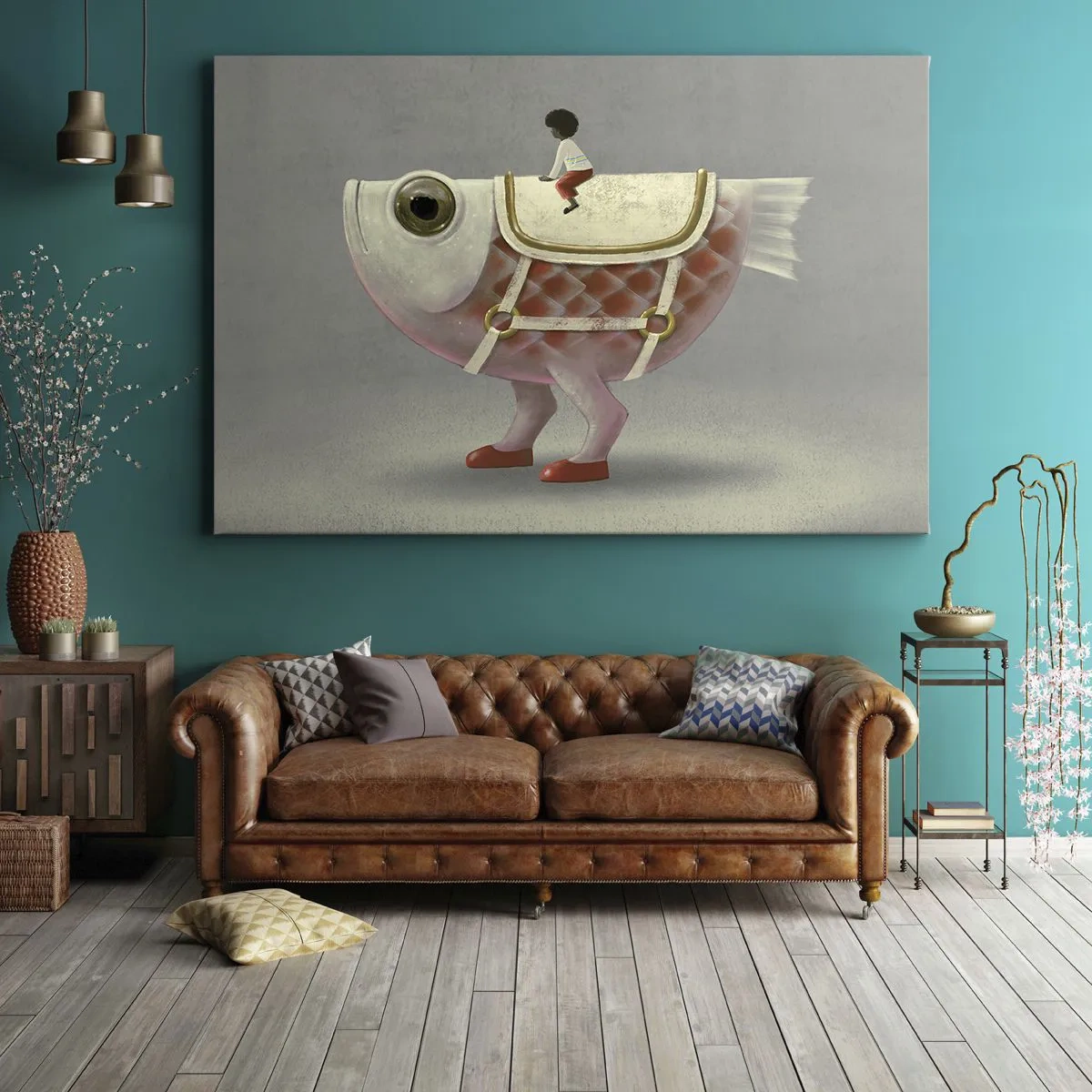 Impression sur toile - Image sur toile - Un cavalier de poisson fantaisie avec des jambes et une selle - 120x80cm - Le cavalier poisson - Décoration murale moderne pour le salon et la chambre ARTTOR