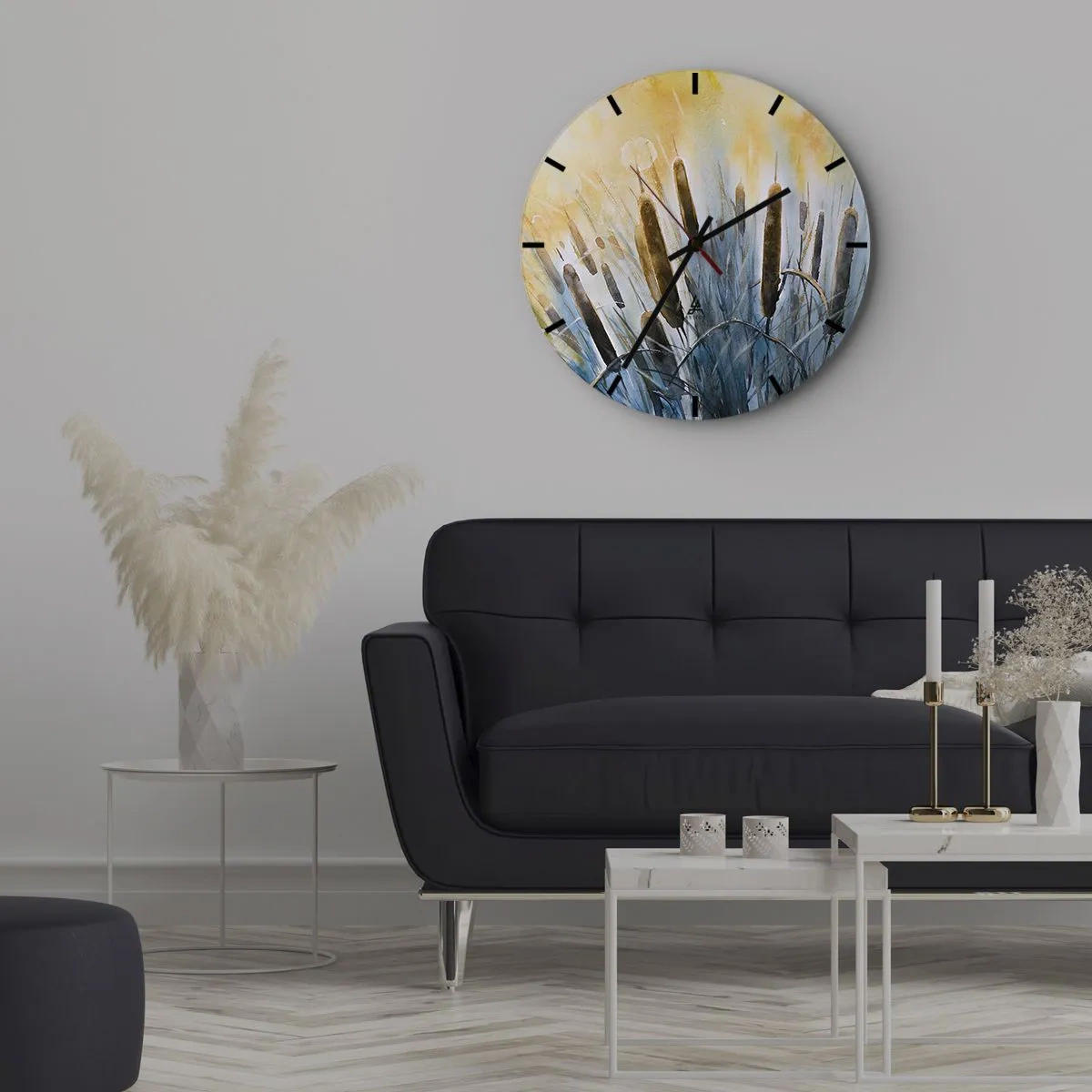 Horloge murale - Pendule murale - Roseaux picturaux aux couleurs chaudes du coucher de soleil - 30x30cm - Fraicheur de l'eau, chaleur du soleil - Décoration murale moderne pour le salon, la cuisine et la chambre ARTTOR