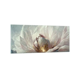 Impression sur verre - Image sur verre - Une fleur blanche délicate avec de subtils accents dorés - 120x50cm - Il fleurit une fois tous les cent ans - Décoration murale moderne pour le salon et la chambre ARTTOR