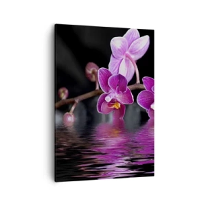 Impression sur toile - Image sur toile - Orchidées violettes sur une eau calme sur fond noir - 50x70cm - Reflet lilas de la beauté - Décoration murale moderne pour le salon et la chambre ARTTOR