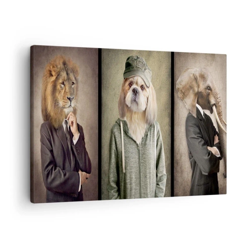 Impression sur toile - Image sur toile - Portraits stylisés d'un lion, d'un chien et d'un éléphant dans des vêtements élégants - 70x50cm - je préfère plus détendu - Décoration murale moderne pour le salon et la chambre ARTTOR