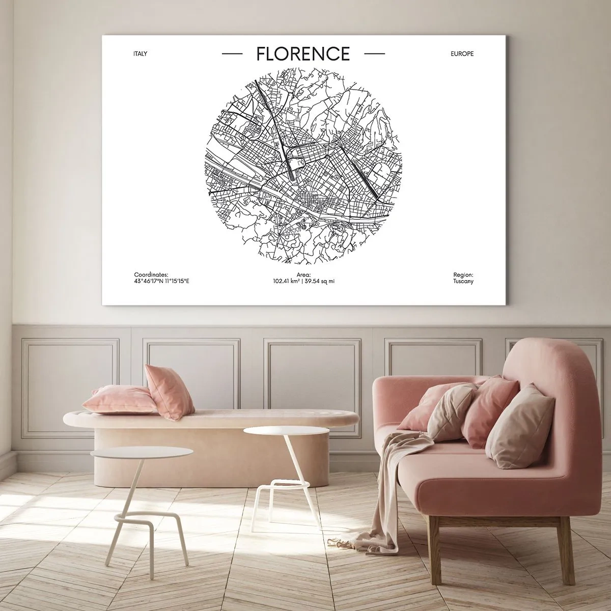 Impression sur verre - Image sur verre - Florence sous la forme d'une carte stylisée avec un réseau de rues - 70x50cm - Anatomie de Florence - Décoration murale moderne pour le salon et la chambre ARTTOR