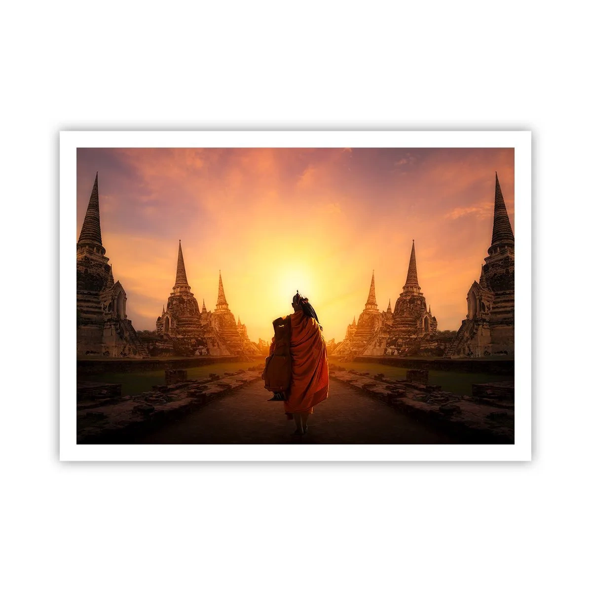 Affiche - Poster - Un moine parmi les temples au coucher du soleil - 100x70cm - En paix pour l'éternité - Décoration murale moderne pour le salon et la chambre ARTTOR