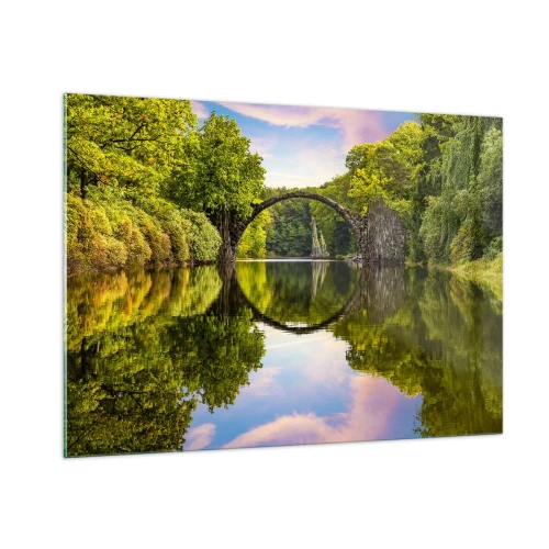 Impression sur verre - Image sur verre - Un pont de pierre se reflétant dans la surface calme du lac - 100x70cm - À la jonction de deux mondes - Décoration murale moderne pour le salon et la chambre ARTTOR