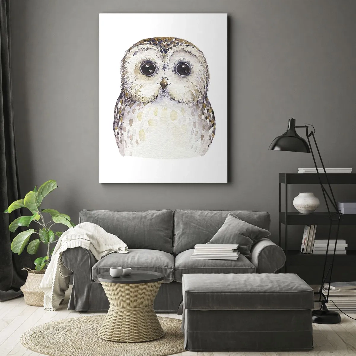 Impression sur toile - Image sur toile - Portrait d'un hibou sur fond clair aux couleurs délicates - 80x120cm - Regarde-moi dans les yeux - Décoration murale moderne pour le salon et la chambre ARTTOR
