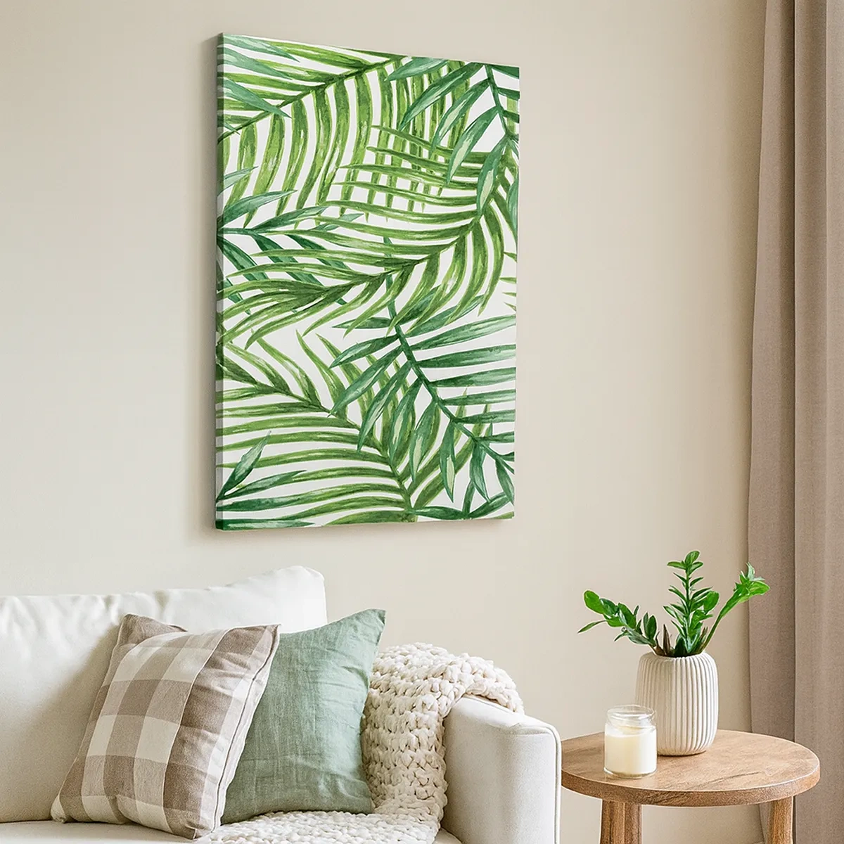 Impression sur toile - Image sur toile - Feuilles de palmier tropicales vertes sur fond clair - 50x70cm - Sous la canopée verte - Décoration murale moderne pour le salon et la chambre ARTTOR