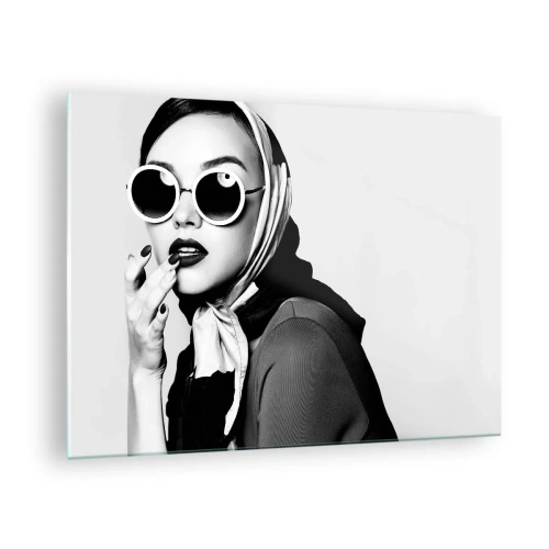 Impression sur verre - Image sur verre - Femme élégante avec des lunettes et un foulard noir et blanc - 70x50cm - Salutations des années 60 - Décoration murale moderne pour le salon et la chambre ARTTOR