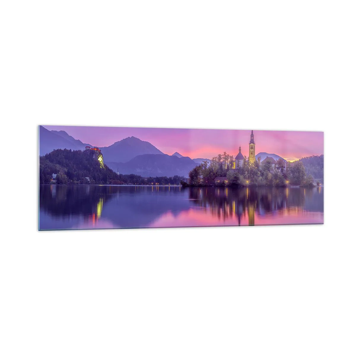 Impression sur verre - Image sur verre - Lac avec une île et une église au coucher du soleil - 160x50cm - Une île de conte de fées au crépuscule - Décoration murale moderne pour le salon et la chambre ARTTOR