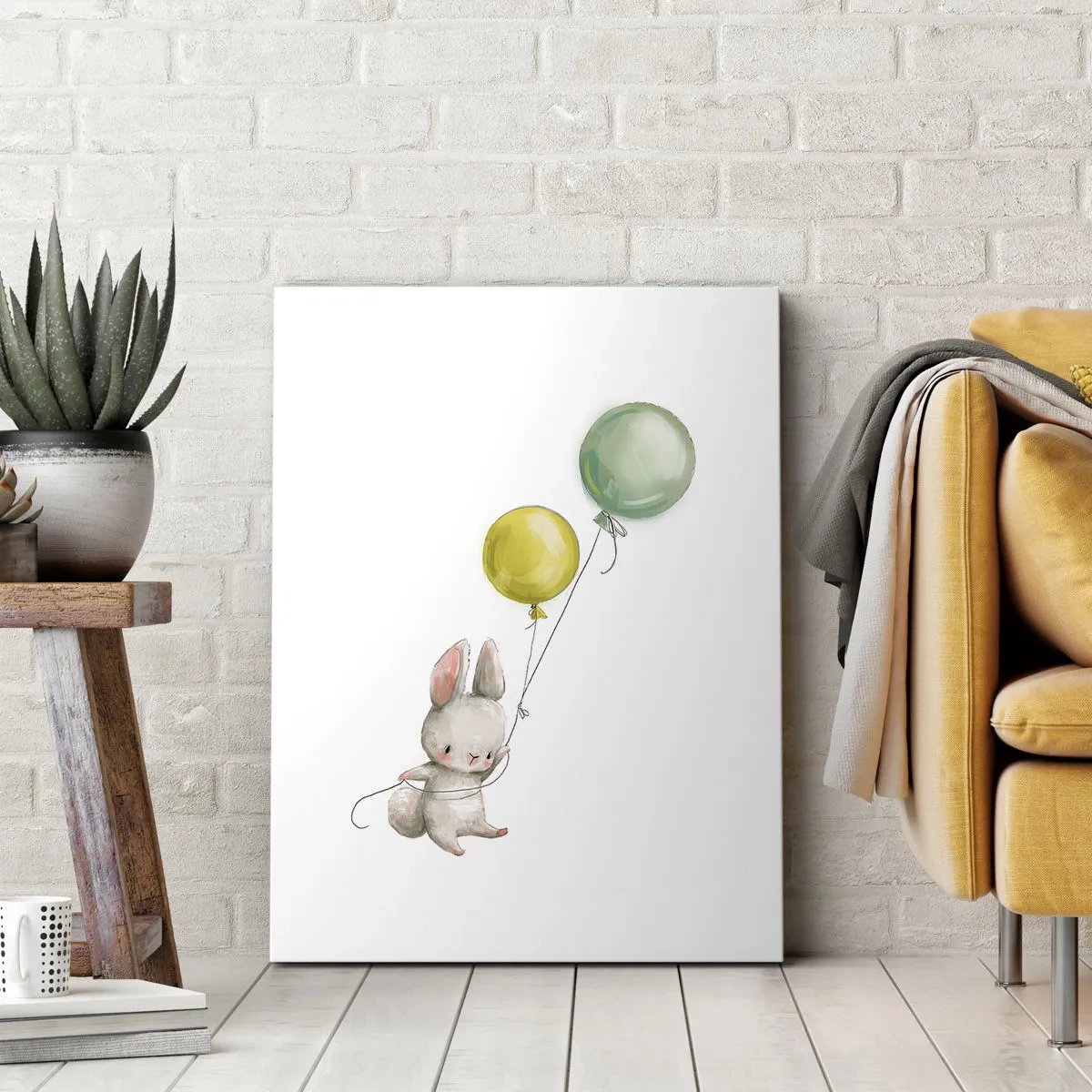 Impression sur toile - Image sur toile - Un lapin tenant des ballons aux couleurs pastel - 80x120cm - Moi aussi je vole! - Décoration murale moderne pour le salon et la chambre ARTTOR