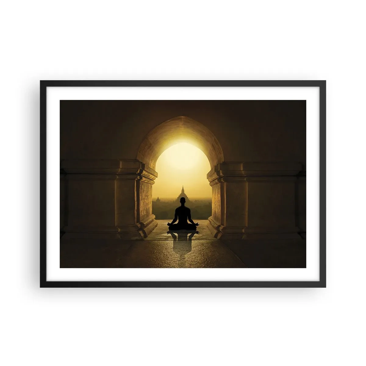 Affiche dans un cadre noir - Poster - Silhouette d'une personne méditant à la lumière du soleil couchant - 70x50cm - Pleine harmonie - Décoration murale moderne pour le salon et la chambre ARTTOR