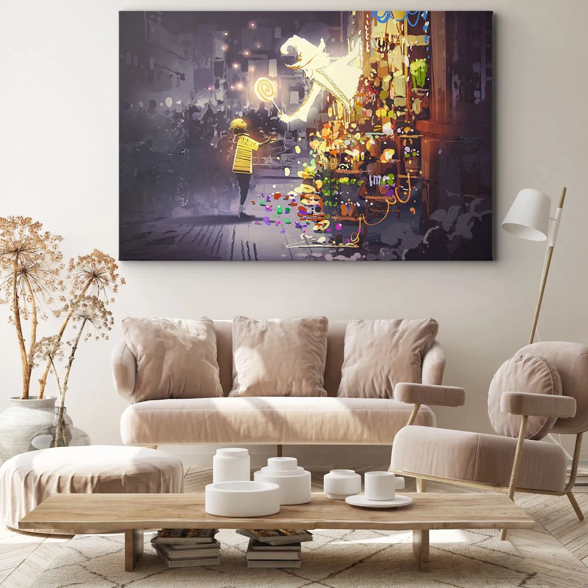 Impression sur toile - Image sur toile - Un personnage de conte de fées et un enfant dans une rue pleine de lumières et de magie - 100x70cm - La magie existe - Décoration murale moderne pour le salon et la chambre ARTTOR