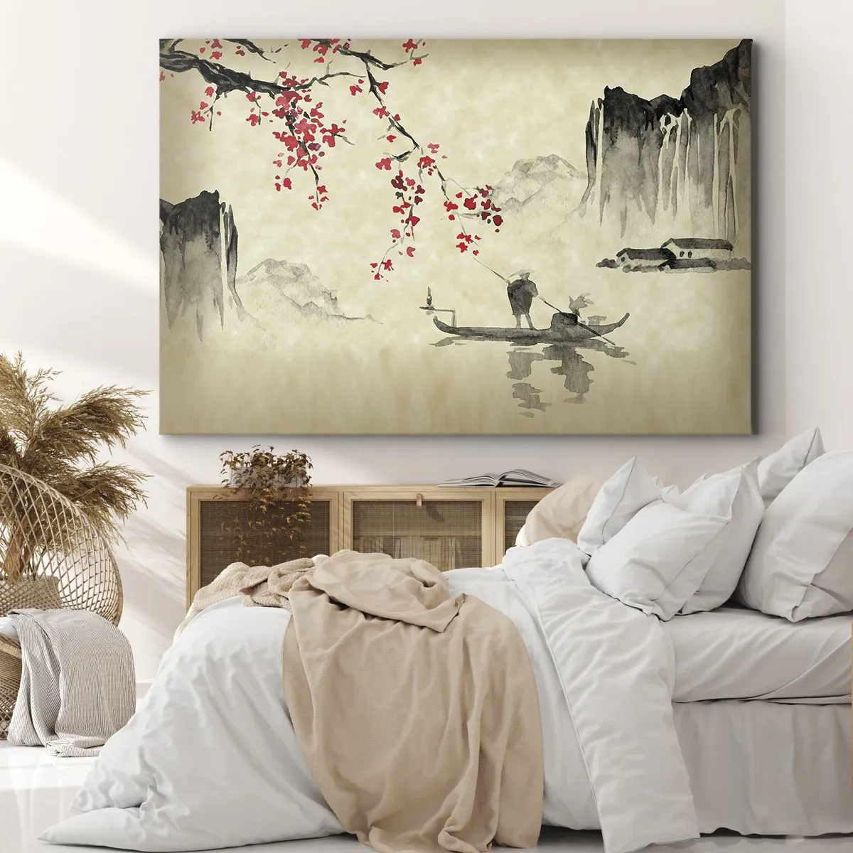 Impression sur toile - Image sur toile - Illustration orientale avec un bateau et une branche fleurie - 100x70cm - Au pays des cerisiers en fleurs - Décoration murale moderne pour le salon et la chambre ARTTOR