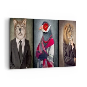 Impression sur toile - Image sur toile - Portraits stylisés d'un loup, d'un faisan et d'un lion en vêtements élégants - 100x70cm - Qu'est ce que je fais ici?! - Décoration murale moderne pour le salon et la chambre ARTTOR