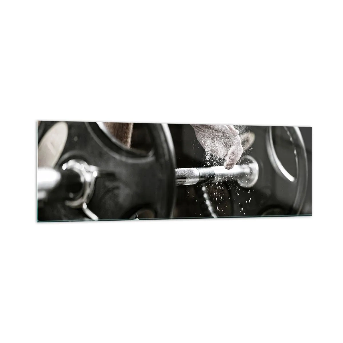 Impression sur verre - Image sur verre - Des haltères et les mains d'un athlète se préparant à l'entraînement - 160x50cm - Défi accepté! - Décoration murale moderne pour le salon et la chambre ARTTOR