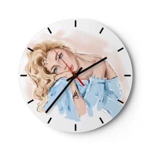 Horloge murale - Pendule murale - Illustration d'une femme aux boucles blondes dans une tenue bleue sur fond blanc - 30x30cm - Rêveuse en bleu - Décoration murale moderne pour le salon, la cuisine et la chambre ARTTOR