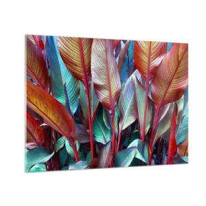 Impression sur verre - Image sur verre - Un fourré coloré de feuilles dans des tons de rouge, de vert et de violet - 70x50cm - Un fourré coloré - Décoration murale moderne pour le salon et la chambre ARTTOR