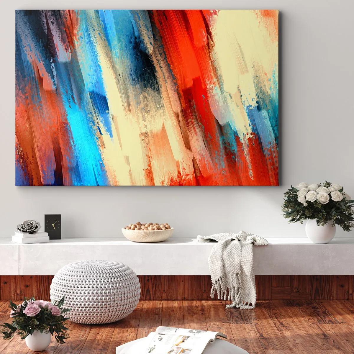 Impression sur toile - Image sur toile - Coup de pinceau abstrait dans les tons bleu et orange - 120x80cm - Une cascade de couleurs - Décoration murale moderne pour le salon et la chambre ARTTOR