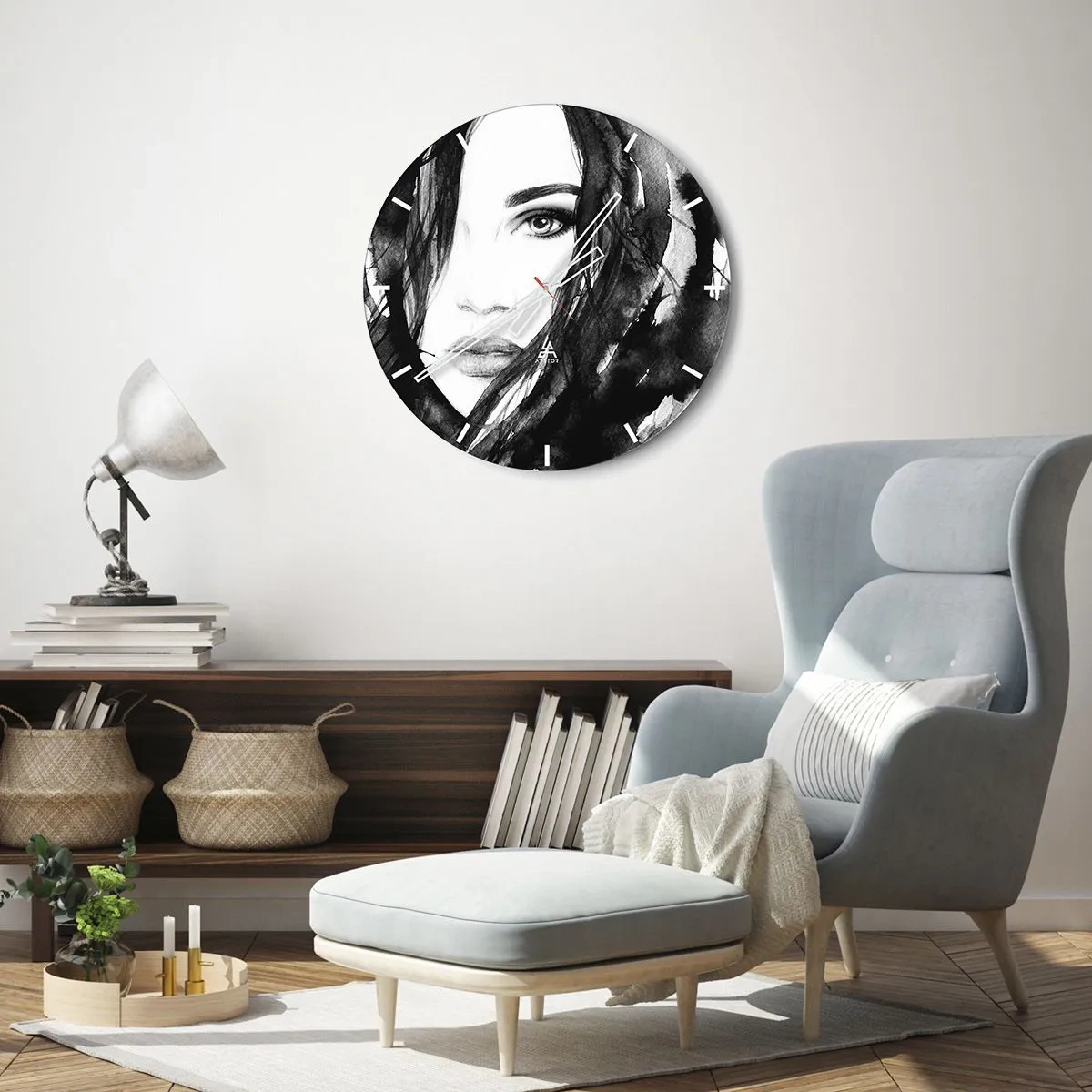 Horloge murale - Pendule murale - Portrait d'une femme en noir et blanc avec un style aquarelle - 30x30cm - Portrait d'une dame en noir et blanc - Décoration murale moderne pour le salon, la cuisine et la chambre ARTTOR