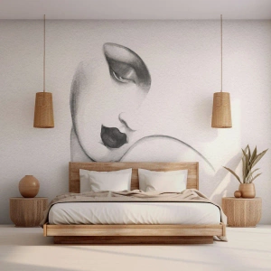 Papier Peint Photo Standard Eco - Un croquis subtil du visage d'une femme en noir et blanc. - 100x70cm - Dans le style de Lempicka - Décoration murale moderne pour le salon et la chambre ARTTOR