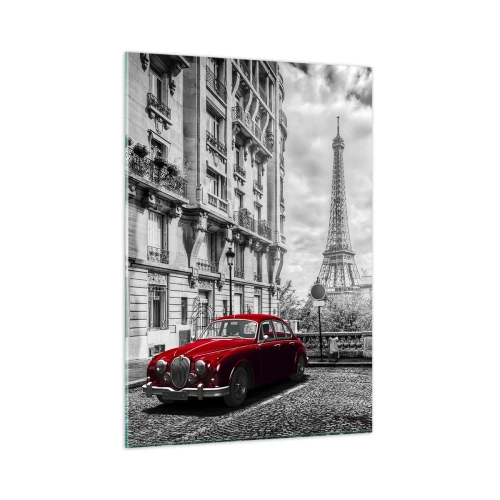 Impression sur verre - Image sur verre - Voiture rouge devant la Tour Eiffel à Paris en noir et blanc - 50x70cm - Prédateur dans la ville - Décoration murale moderne pour le salon et la chambre ARTTOR