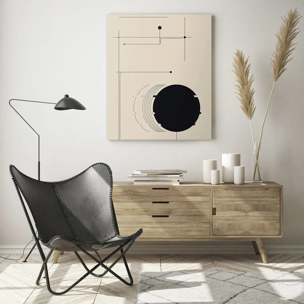 Impression sur verre - Image sur verre - Composition abstraite avec un cercle noir et des lignes géométriques - 50x70cm - Une composition flexible et dynamique - Décoration murale moderne pour le salon et la chambre ARTTOR