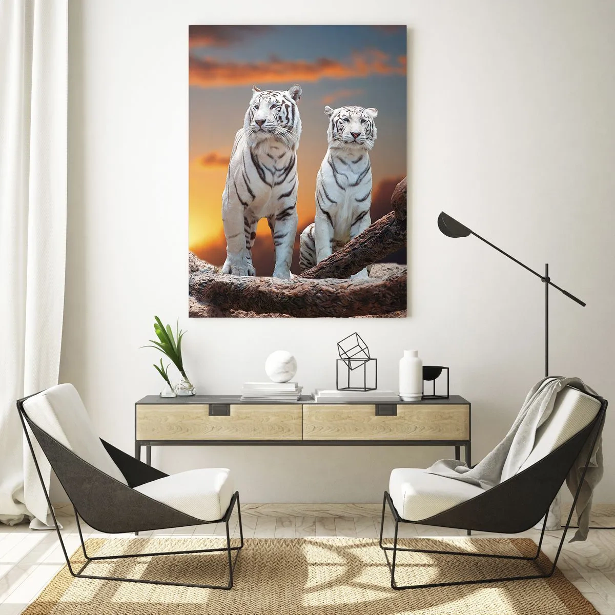 Impression sur verre - Image sur verre - Tigres blancs au soleil couchant sur fond de nature - 70x100cm - Tout comme à Narnia - Décoration murale moderne pour le salon et la chambre ARTTOR