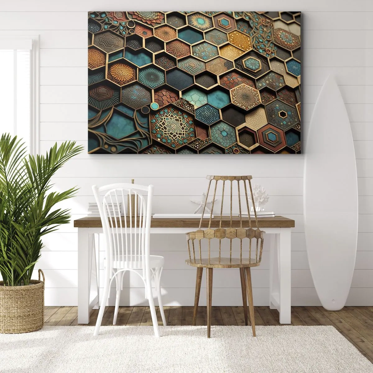 Impression sur toile - Image sur toile - Ornements colorés aux motifs hexagonaux - 70x50cm - Ornements arabes – variation - Décoration murale moderne pour le salon et la chambre ARTTOR