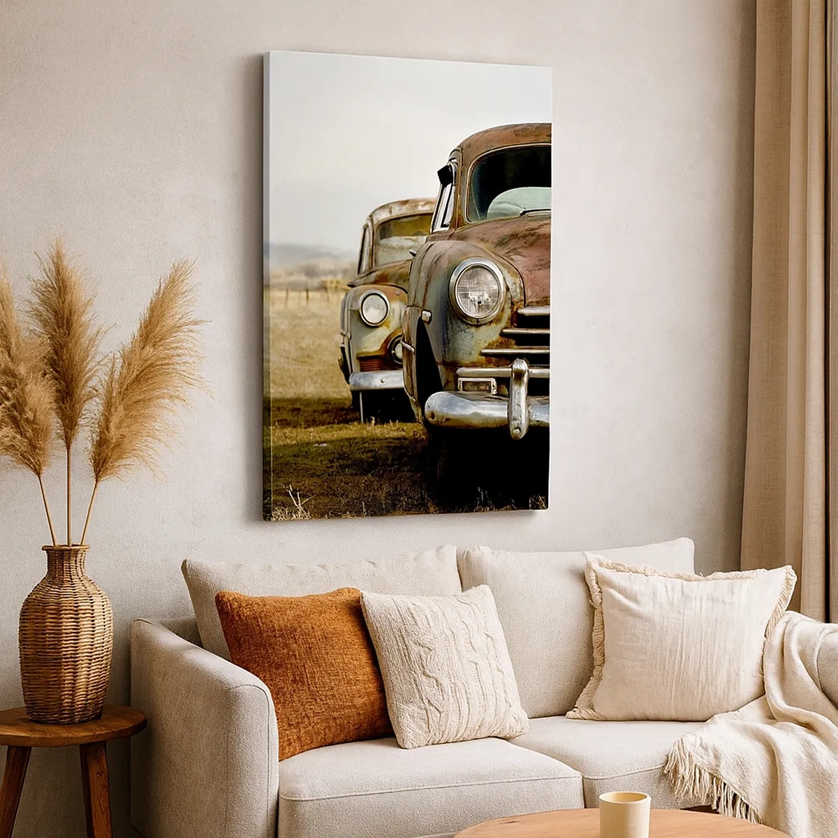 Impression sur toile - Image sur toile - Deux vieilles voitures sur un chemin de terre à côté d'une clôture en bois - 50x70cm - Repos bien mérité - Décoration murale moderne pour le salon et la chambre ARTTOR