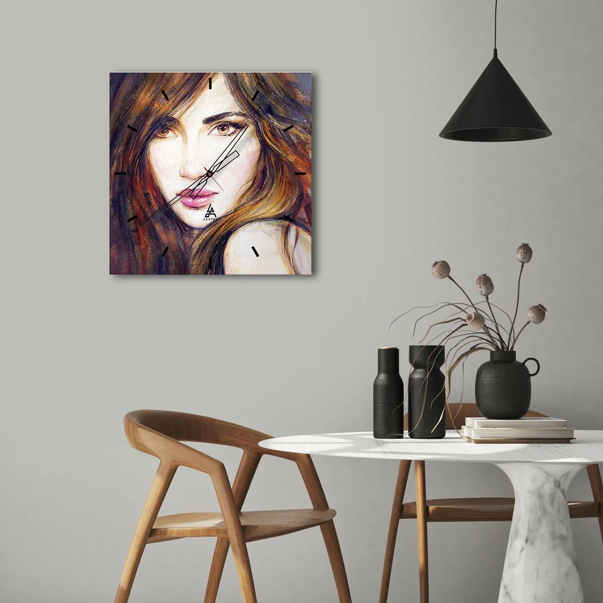 Horloge murale - Pendule murale - Portrait d'une femme dans un style pictural - 30x30cm - Un sou pour vos pensées - Décoration murale moderne pour le salon et la chambre ARTTOR