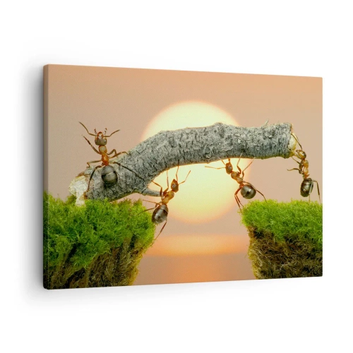 Impression sur toile - Image sur toile - Des fourmis construisent un pont de branches sur fond de soleil couchant. - 70x50cm - La joie, travaille d'équipe - Décoration murale moderne pour le salon et la chambre ARTTOR