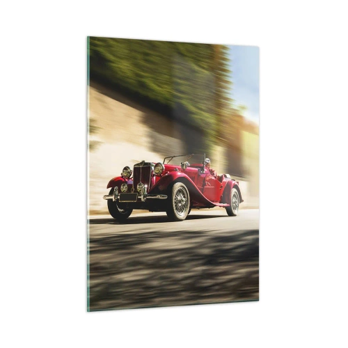 Impression sur verre - Image sur verre - Cabriolet rouge classique en mouvement sur fond de rue et de paysage flou - 50x70cm - Plus belle que Nike de Samothrace - Décoration murale moderne pour le salon et la chambre ARTTOR