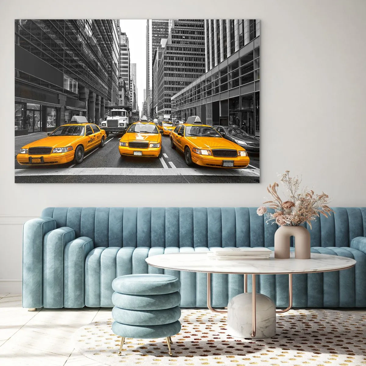 Impression sur verre - Image sur verre - Taxis jaunes dans les rues de New York - 120x80cm - C'est nous qui colorons la ville - Décoration murale moderne pour le salon et la chambre ARTTOR