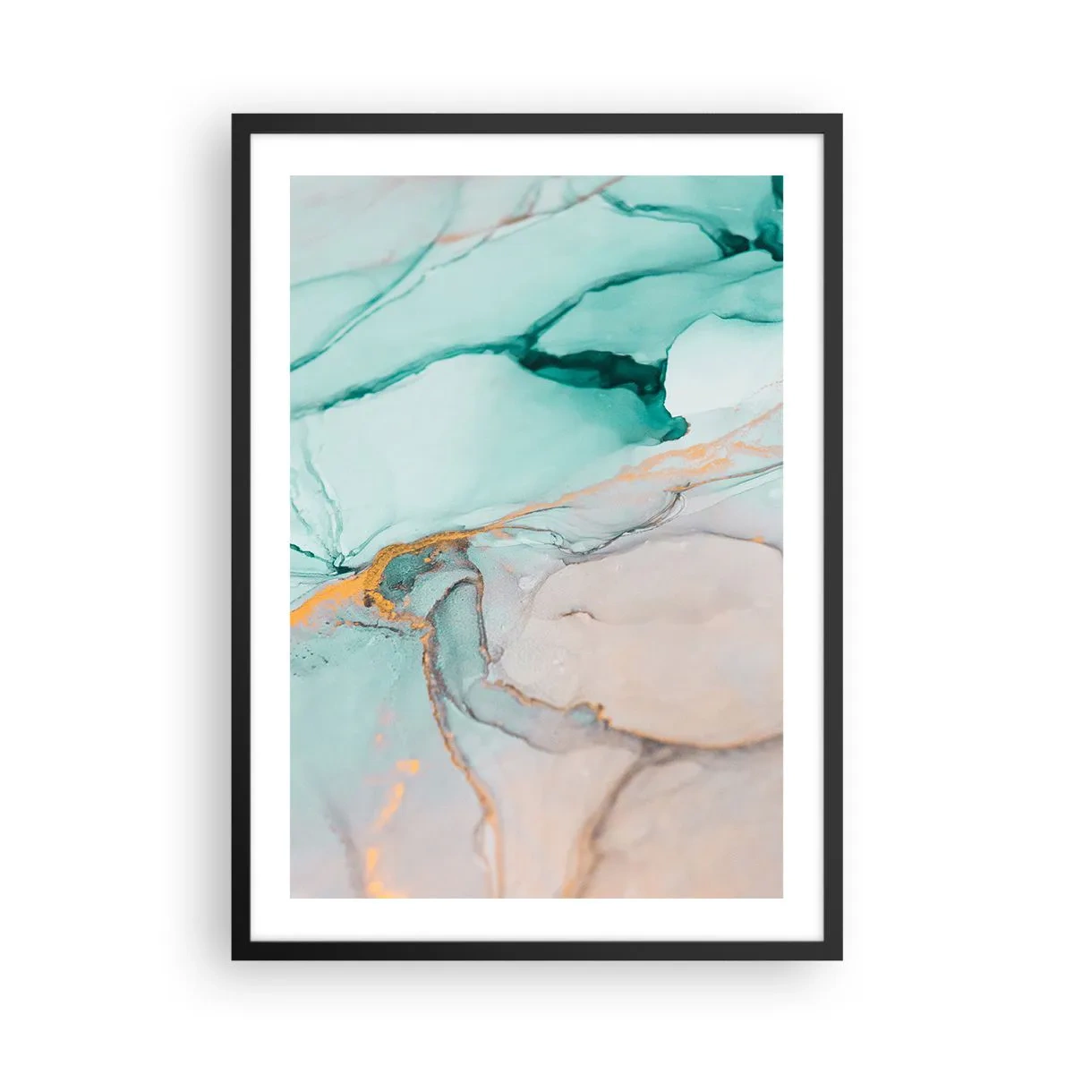 Affiche dans un cadre noir - Poster - Une composition abstraite dans des tons turquoise et or. - 50x70cm - Danse des formes et des couleurs - Décoration murale moderne pour le salon et la chambre ARTTOR