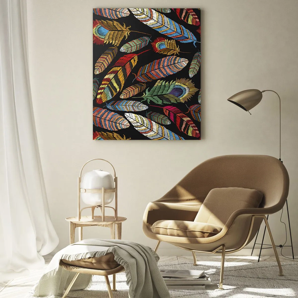 Impression sur verre - Image sur verre - Plumes colorées sur fond noir - 80x120cm - Le carnaval des oiseaux - Décoration murale moderne pour le salon et la chambre ARTTOR