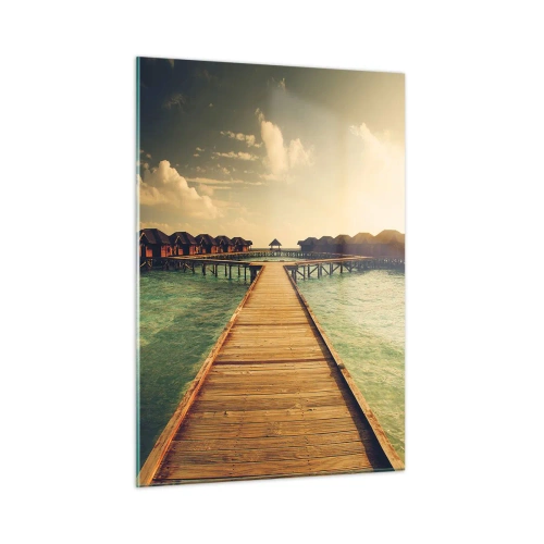Impression sur verre - Image sur verre - La jetée menant aux chalets au bord de l'eau au coucher du soleil - 50x70cm - Invitation chaleureuse - Décoration murale moderne pour le salon et la chambre ARTTOR