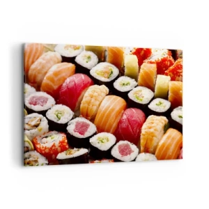 Impression sur toile - Image sur toile - Sushis colorés disposés en rangées avec diverses garnitures - 100x70cm - Couleurs et saveurs d'Asie - Décoration murale moderne pour le salon et la chambre ARTTOR