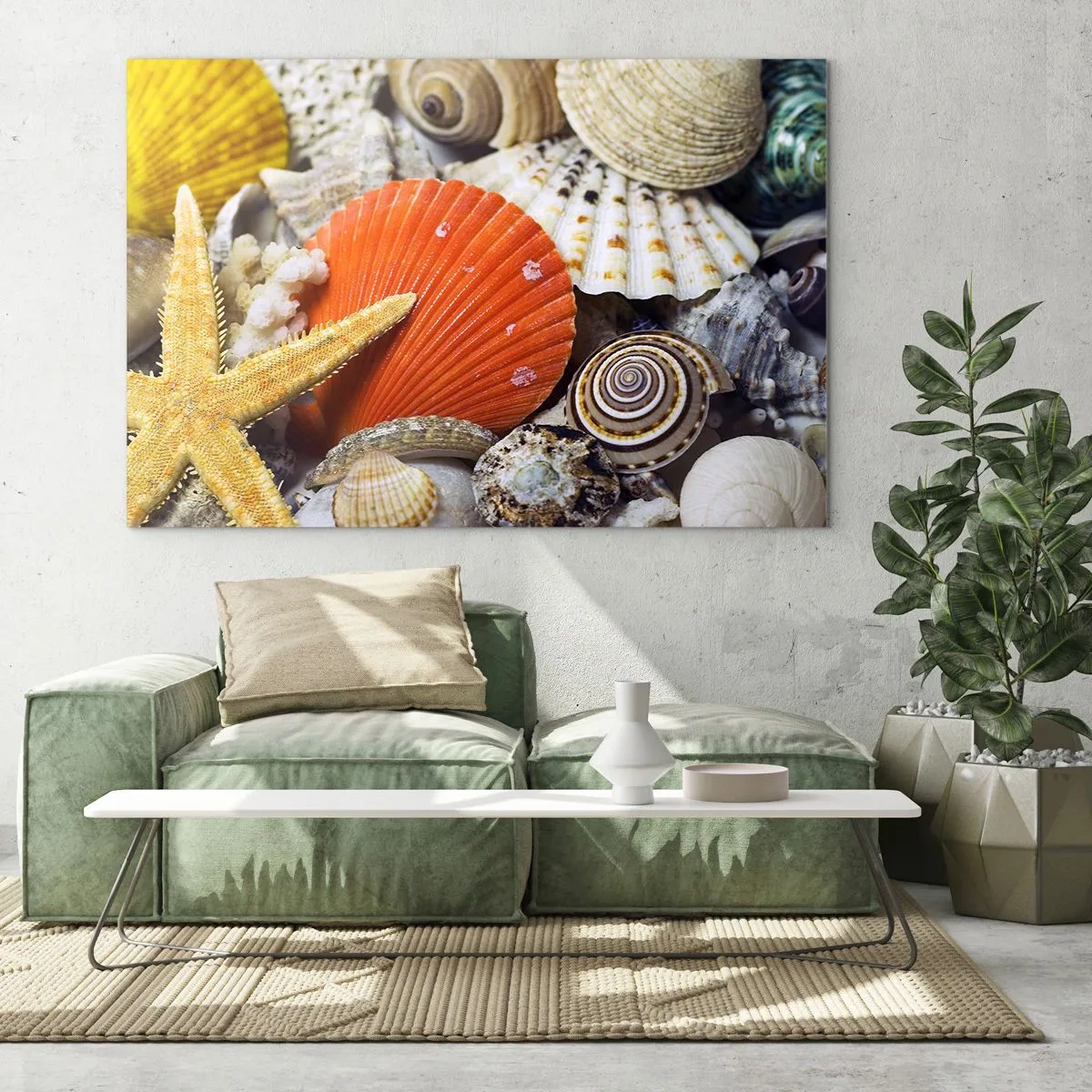 Impression sur verre - Image sur verre - Coquillages colorés et étoiles de mer dans une composition marine - 100x70cm - Trésors de l'océan - Décoration murale moderne pour le salon et la chambre ARTTOR