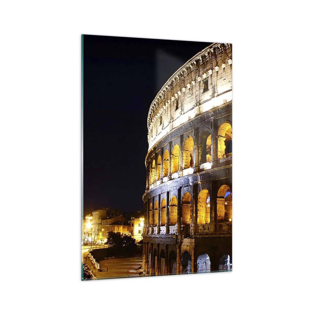 Impression sur verre - Image sur verre - Le Colisée illuminé par les lumières la nuit à Rome - 70x100cm - Il est temps de commencer les Jeux - Décoration murale moderne pour le salon et la chambre ARTTOR