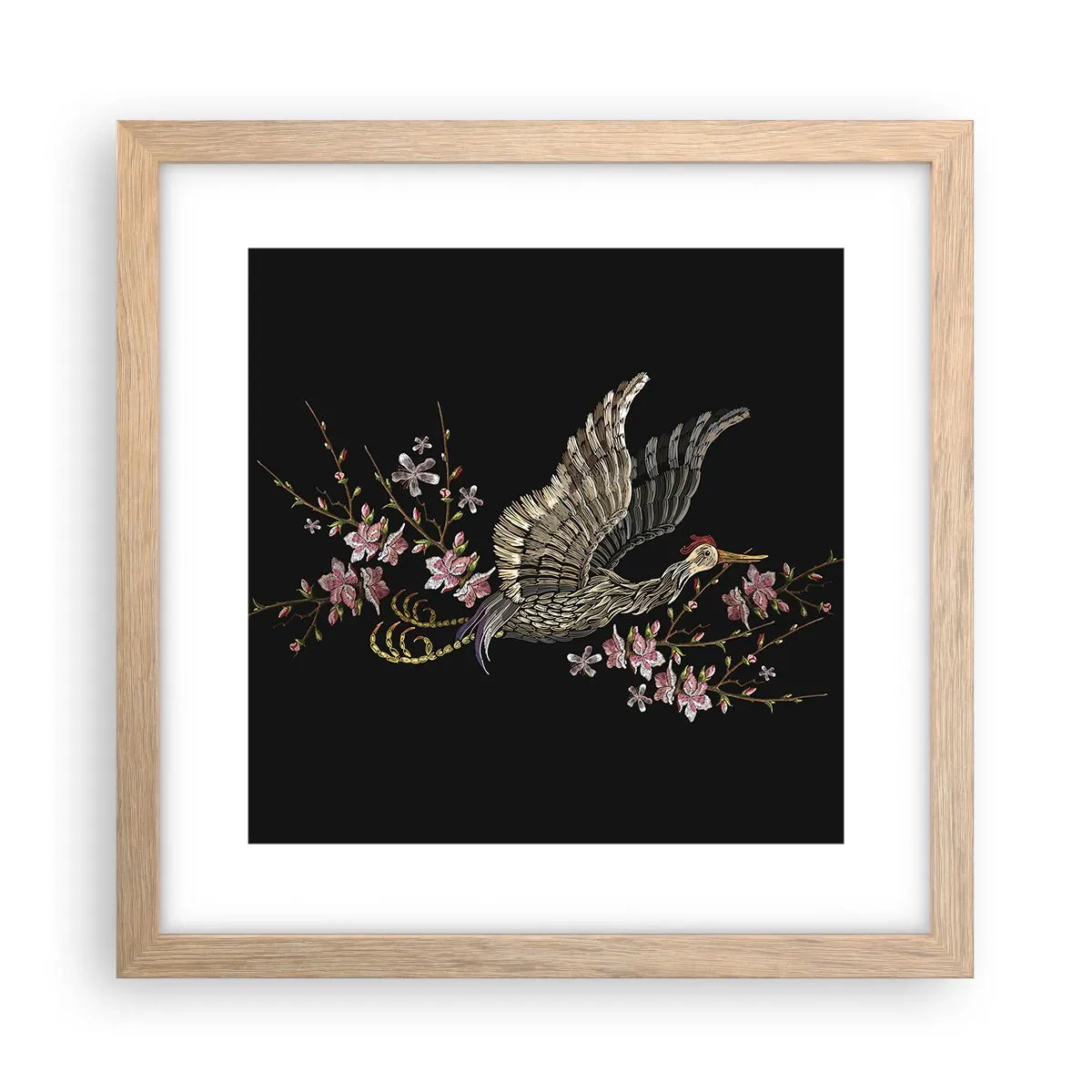 Affiche dans un chêne clair - Poster - Oiseau brodé exotique - 30x30 cm