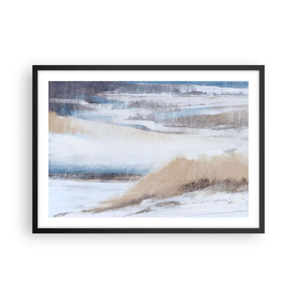 Affiche dans un cadre noir - Poster - Paysage d'hiver abstrait dans les tons de blanc et de bleu - 70x50cm - Composition hivernale - Décoration murale moderne pour le salon et la chambre ARTTOR