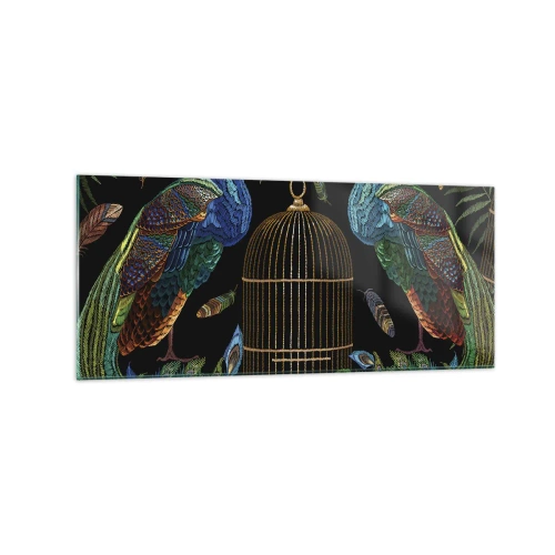 Impression sur verre - Image sur verre - Paons à côté d'une cage dorée sur fond noir - 120x50cm - En robes royales - Décoration murale moderne pour le salon et la chambre ARTTOR