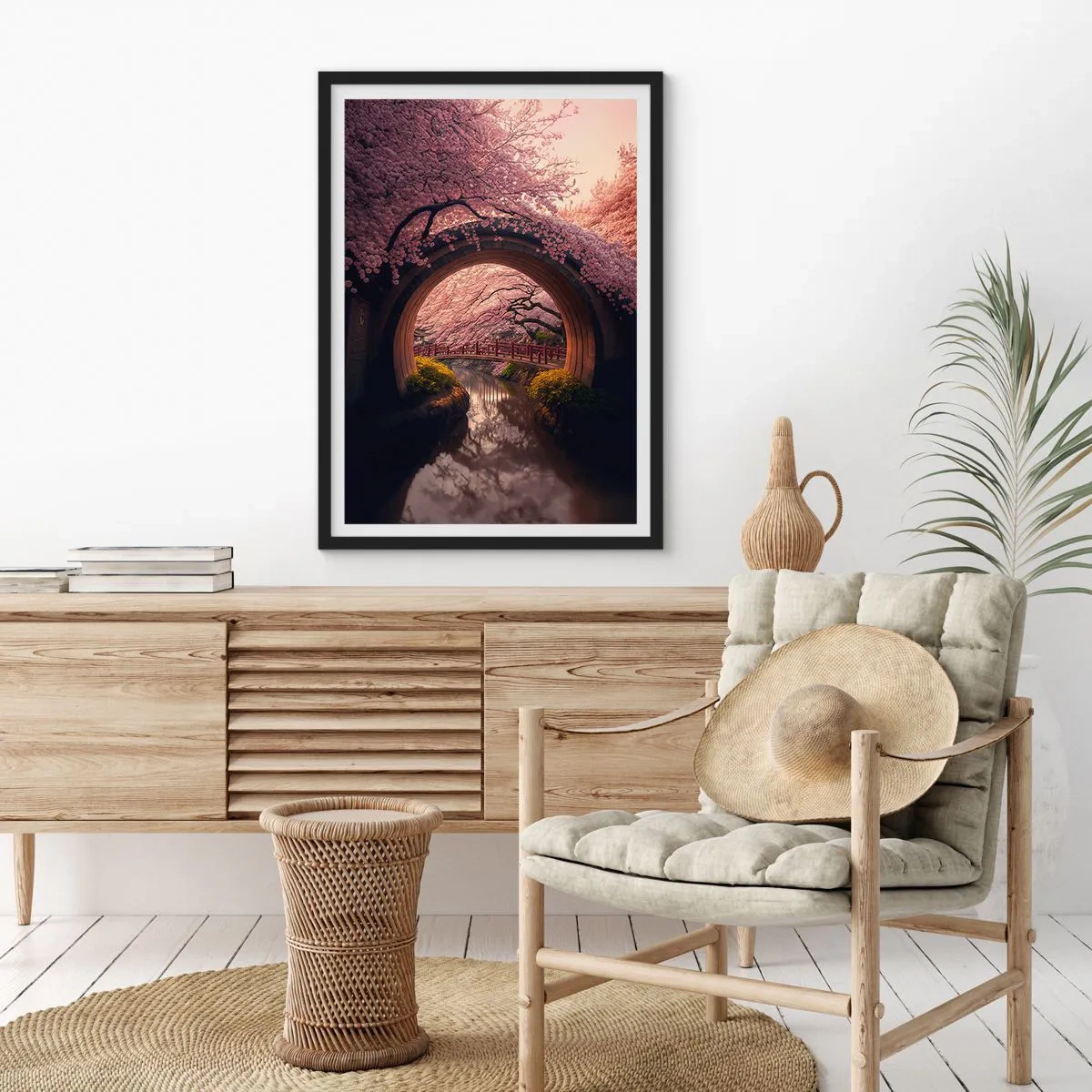 Affiche dans un cadre noir - Poster - Un pont romantique parmi les cerisiers en fleurs - 50x70cm - Printemps japonais - Décoration murale moderne pour le salon et la chambre ARTTOR