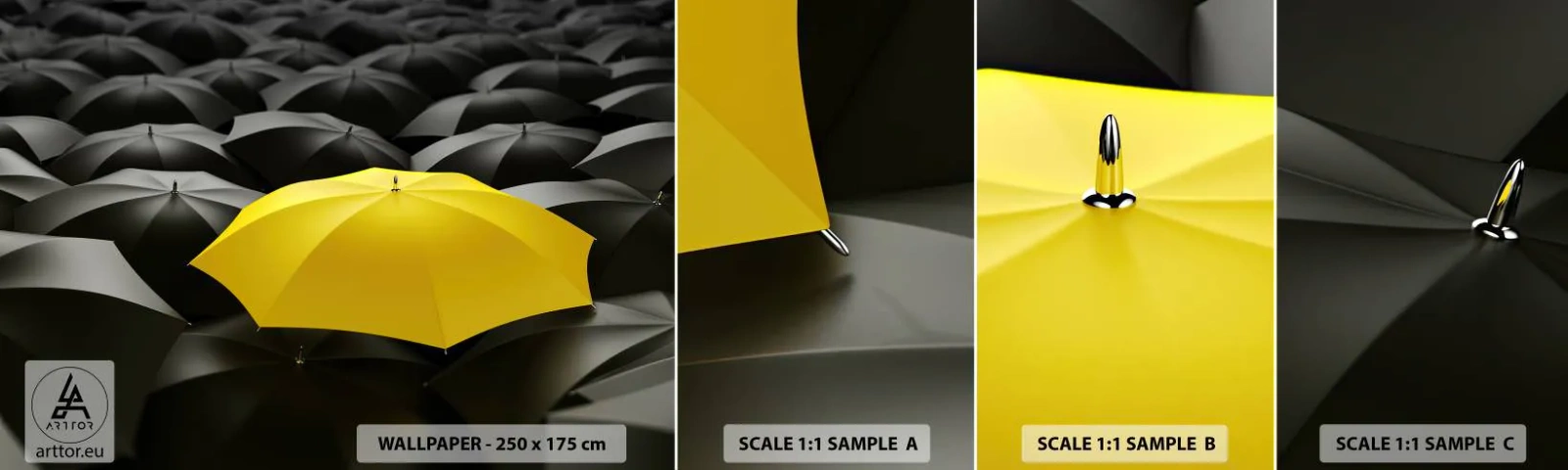 Échantillon de Papier Peint Autocollant Deluxe Sticker - Adieu chagrin - Parapluies jaunes, Graphique, Concept - 100x30 cm