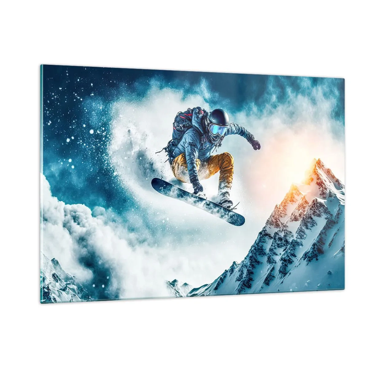 Impression sur verre - Image sur verre - Un snowboarder survole des montagnes enneigées - 120x80cm - Des émotions extrêmes - Décoration murale moderne pour le salon et la chambre ARTTOR