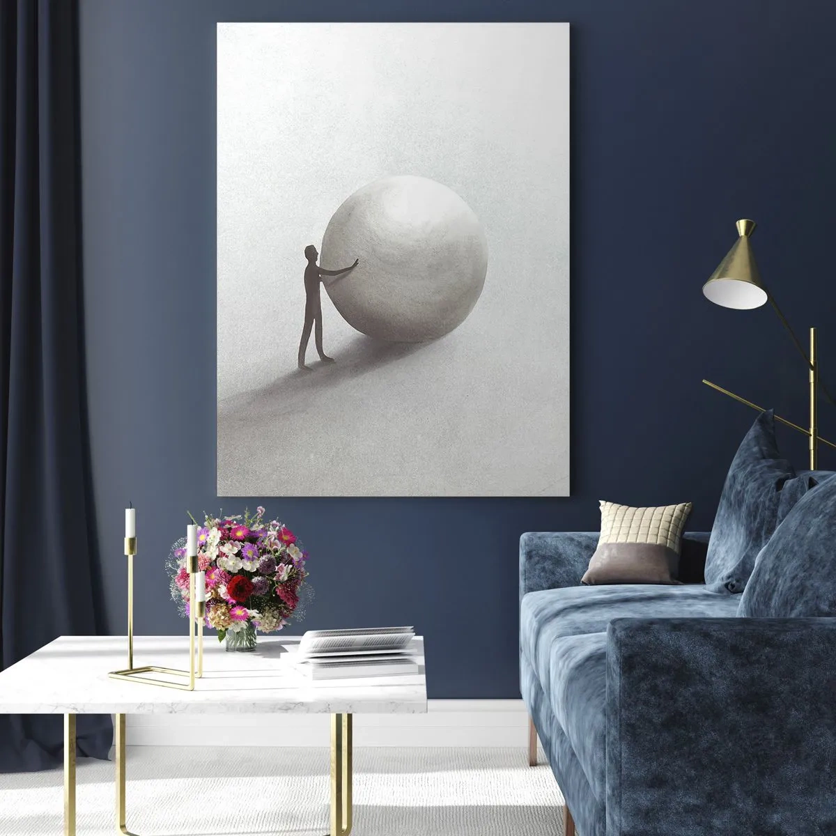Impression sur verre - Image sur verre - Une silhouette minimaliste d'un homme avec une grosse balle sur un fond clair. - 50x70cm - Jeu de la vie - Décoration murale moderne pour le salon et la chambre ARTTOR