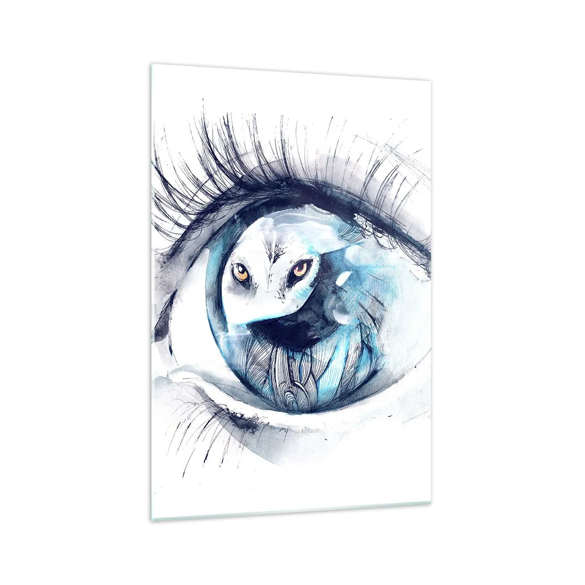 Impression sur verre - Image sur verre - Un œil avec une image d'un hibou dans des tons bleus à l'aquarelle - 70x100cm - Face à face avec la nature sauvage - Décoration murale moderne pour le salon et la chambre ARTTOR