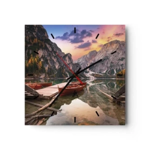 Horloge murale - Pendule murale - Lac de montagne avec bateaux au coucher du soleil - 30x30cm - Promesse du jour - Décoration murale moderne pour le salon et la chambre ARTTOR